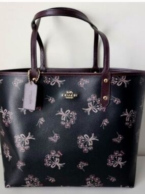COACH Black Floral Print Tote Bag with Burgundy Trim